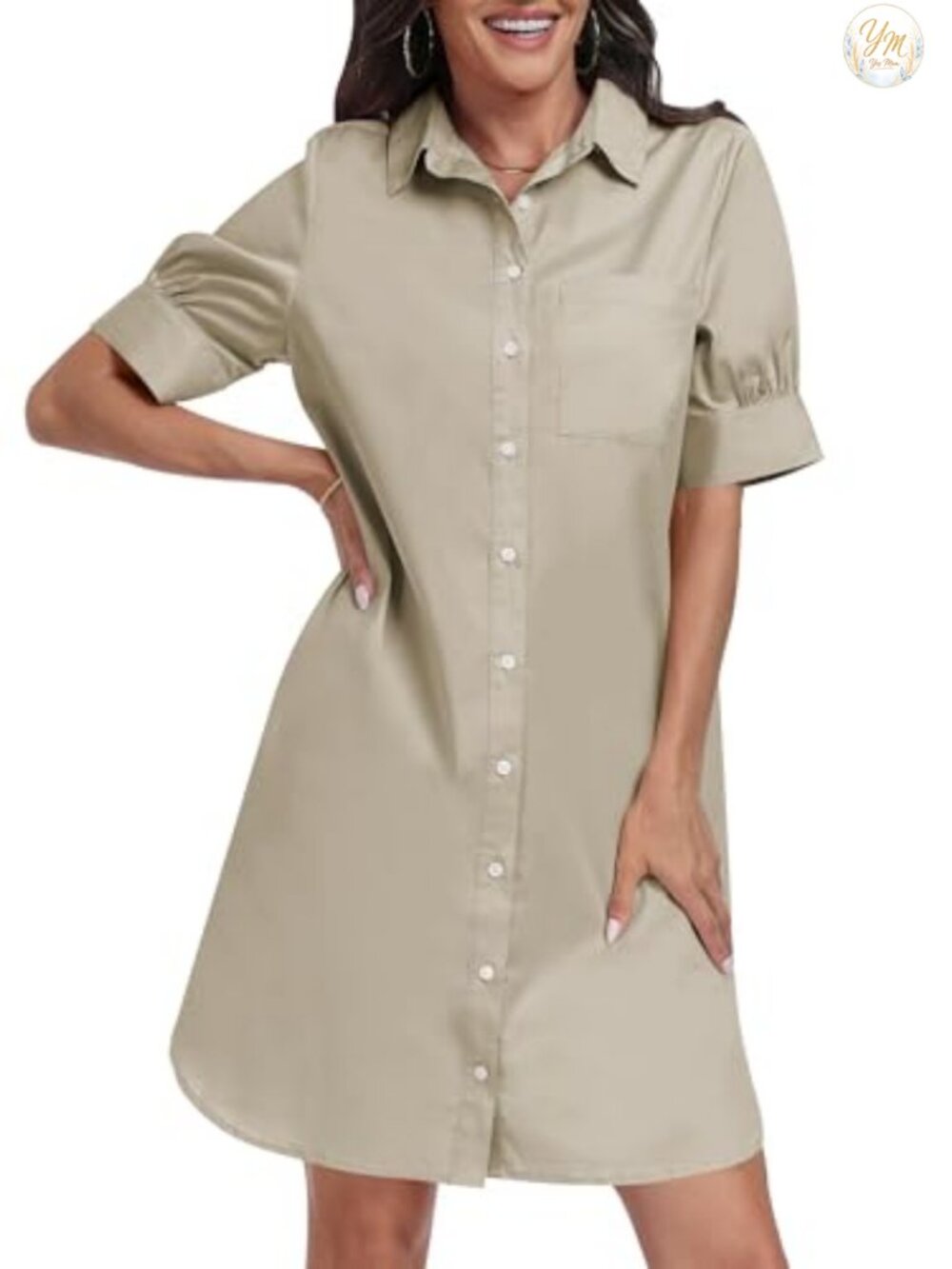 Women's Button Down Shirt Dress V-Neck Short Sleeve Loose Fit Summer Shift